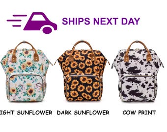 Embroidered Sunflower Diaper Bag | Personalized Monogram Cow Print Backpack