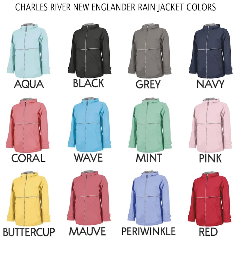 May include: Twelve Charles River New Englander rain jackets in various colors including aqua, black, grey, navy, coral, wave, mint, pink, buttercup, mauve, periwinkle, and red. Each jacket features a hood, a front zipper, and a horizontal reflective stripe.