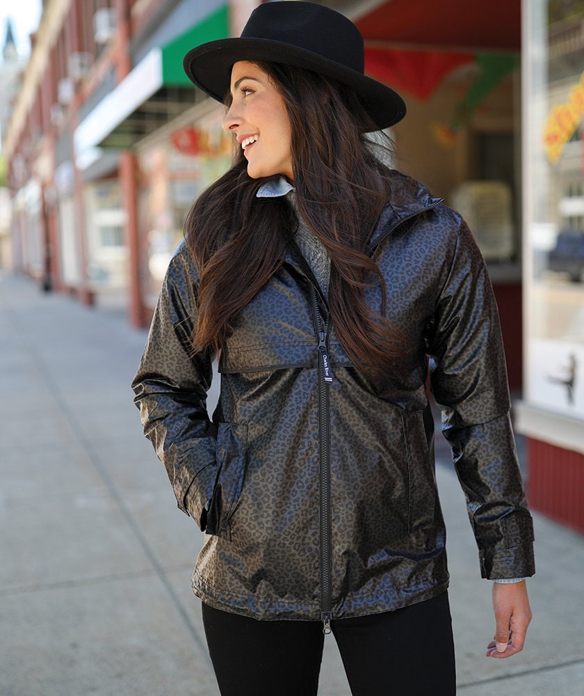Charles River Black Leopard Monogrammed Rain Coat New Englander Personalized Rain Jacket Charles River Black Leopard Full Zip Rain Jacket