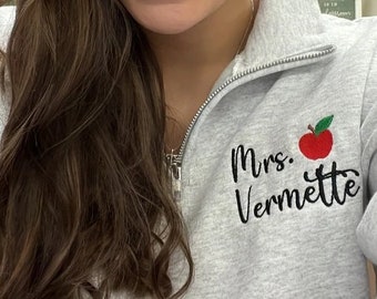 Personalized Teacher Sweatshirt Name Apple Embroidery | Teacher Quarter Zip Pullover | Teacher Gifts Personalized with Apple | Teacher Gifts