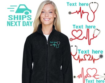 Veste polaire monogrammée pour infirmière : coeur stéthoscope, sweat-shirt zippé intégral