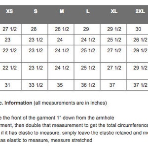 May include: Size chart for a Pack-N-Go pullover, style 9904. Measurements in inches, with body length, shoulder width, chest width, bottom width, and sleeve length, across sizes XS to 5XL. Includes key to abbreviations.