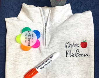 Customized Teacher Sweatshirt Name Apple Embroidery | Teacher Quarter Zip Pullover | Teacher Gifts Personalized with Apple | Teacher Gifts