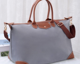 Personalized Nylon Overnight Bag with Leather Shoulder Straps | Monogrammed Travel Tote