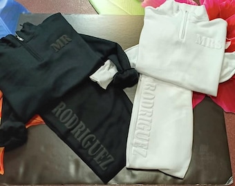 Embossed Mr & Mrs Quarter Zip Jogger Set: Honeymoon Outfit