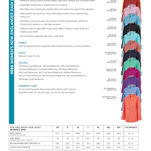 May include: A product information sheet for the 5099 New Englander Rain Jacket, featuring a vertical display of jackets in 13 colors, a list of features, fabric details, care instructions, and a sizing chart with measurements in inches.