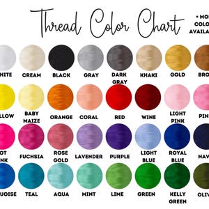 May include: A thread color chart featuring thirty-two circular swatches arranged in four rows of eight. The text reads Thread Color Chart and + MORE COLORS AVAILABLE! Each circle is labeled with its corresponding color name in black text.