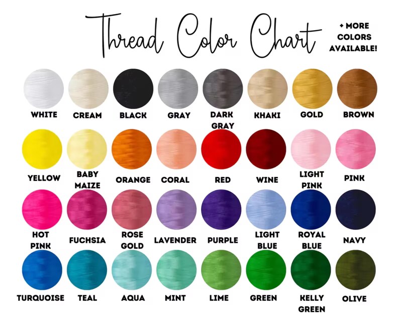 May include: A thread color chart featuring thirty-two circular swatches arranged in four rows of eight. The text reads Thread Color Chart and + MORE COLORS AVAILABLE! Each circle is labeled with its corresponding color name in black text.