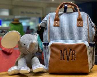 Monogrammed Seersucker Diaper Bag Backpack: Vegan Leather, Insulated Pockets, Multi functional