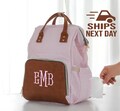 Monogram Seersucker Diaper Bag Backpack | Vegan Leather, Baby Shower Gift