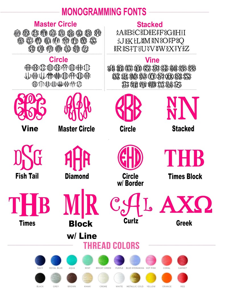 May include: A chart showing different monogram fonts, including Master Circle, Circle, Vine, Stacked, Fish Tail, Diamond, Circle w/ Border, Times Block, Block w/ Line, Curlz, and Greek. The chart also shows thread colors in a variety of colors.