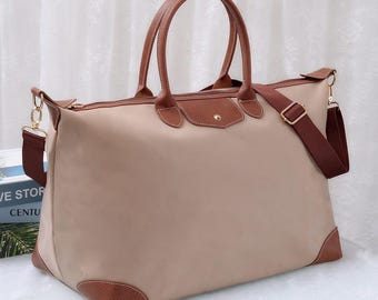 Monogrammed Nylon Overnight Bag with Leather Shoulder Straps | Personalized Travel Tote