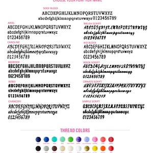 May include: A chart showing different font styles for names, including Ariel, Caroline, Bedrock, Bobo, Chancery, Serif Block, Brush Script, Kid Block, Book Script, Ornate Script, and Simple Script. The chart also shows a color chart with thread colors for embroidery.