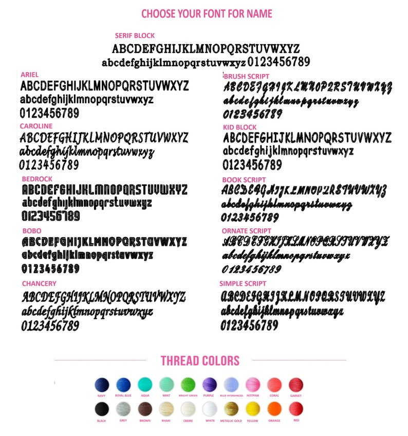 May include: A chart showing different font styles for names, including Ariel, Caroline, Bedrock, Bobo, Chancery, Serif Block, Brush Script, Kid Block, Book Script, Ornate Script, and Simple Script. The chart also shows a color chart with thread colors for embroidery.
