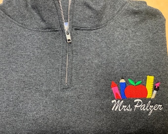 Personalized Embroidered Teacher Quarter Zip Sweatshirt: Custom Apple Design for teachers