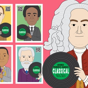 May include: Four illustrated portraits of composers with their names and a record with a genre label. The composers are Johann Sebastian Bach, George Frideric Handel,  Wolfgang Amadeus Mozart, and  Louis Armstrong. The genres are Classical, Classical, Classical, and Jazz.