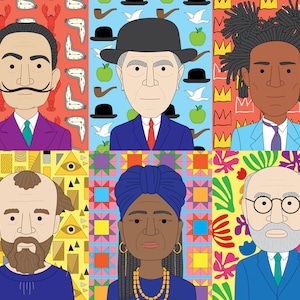 Cartazes para impressão de padrões de artistas famosos 1 (10 artistas Dali, Magritte, Basquiat, Klimt, Matisse e mais) Cartazes de sala de aula de história da arte