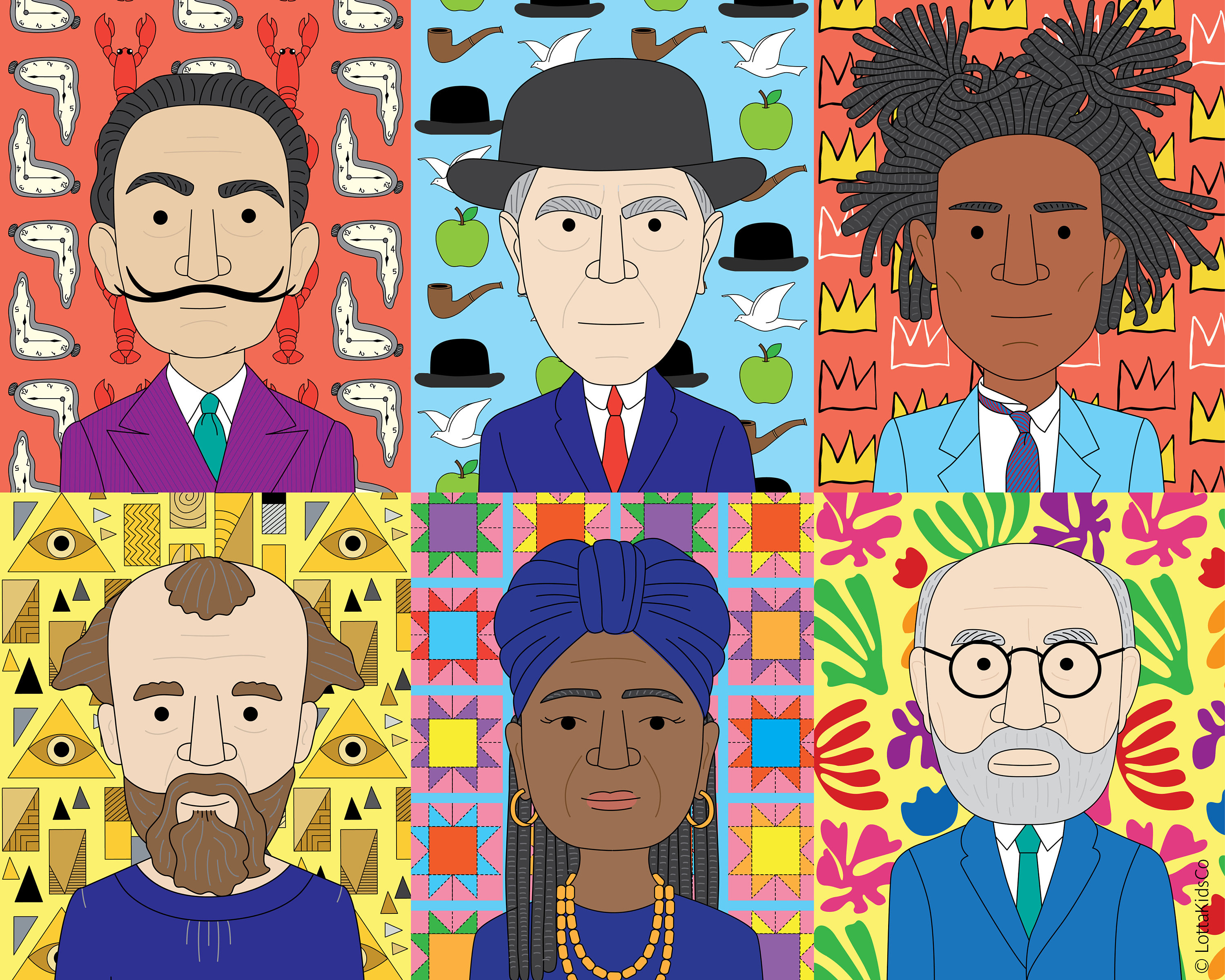 Cartazes para impressão com padrões de artistas famosos 1 (10 artistas Dali, Magritte, Basquiat, Klimt, Matisse e mais) Cartazes para sala de aula de história da arte