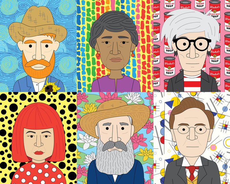 May include: A digital illustration of six famous artists, each depicted in a cartoon style with their signature artistic style in the background. The artists are Vincent van Gogh, Faith Ringgold, Andy Warhol, Yayoi Kusama, Claude Monet, and Piet Mondrian.