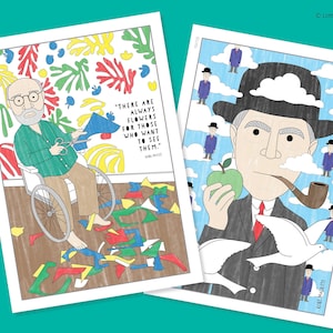 Peut inclure: Deux pages à colorier imprimables mettant en scène des artistes célèbres, René Magritte et Henri Matisse. La page de Magritte représente un homme en chapeau melon tenant une pomme et une pipe, avec des colombes qui volent autour de lui. La page de Matisse représente un homme en fauteuil roulant découpant des formes en papier, avec une citation de Matisse sur les fleurs.