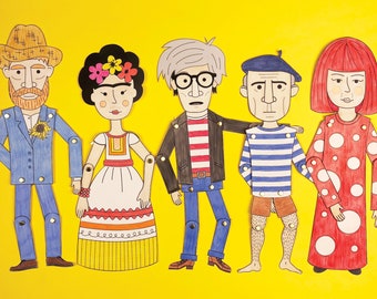 Famous artist paper dolls (Van Gogh, Picasso, Warhol, Frida, Yayoi, Matisse, Dali, Magritte, Klimt)