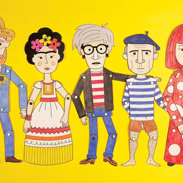 Famous artist paper dolls (Van Gogh, Picasso, Warhol, Frida, Yayoi, Matisse, Dali, Magritte, Klimt)