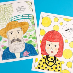Puede incluir: Dos páginas para colorear imprimibles con artistas famosos. La primera página presenta un retrato de Claude Monet con una cita sobre el color. La segunda página presenta un retrato de Yayoi Kusama con una cita sobre ser un punto en el mundo.