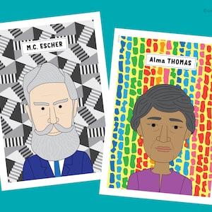 May include: Two illustrated portraits of famous artists, M.C. Escher and Alma Thomas. Escher's portrait is set against a black and white geometric pattern, while Thomas's portrait is set against a colorful rainbow pattern.