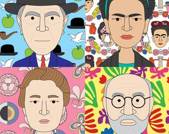 May include: A four-panel digital illustration featuring stylized portraits of historical figures. The top left shows a man in a bowler hat with apples and pipes. The top right depicts a woman with flowers. The bottom left shows a woman in a purple jacket. The bottom right shows a man with a beard and glasses.