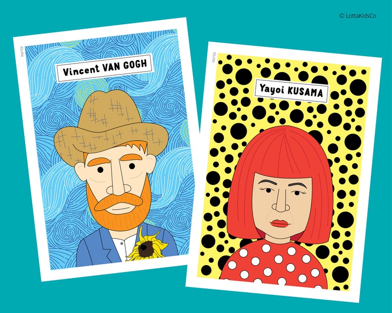 May include: Two illustrated cards featuring famous artists. The first card features Vincent Van Gogh with a blue and white swirling background. The second card features Yayoi Kusama with a yellow background and black polka dots.