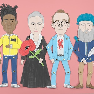 Famous artist paper dolls (Monet, Basquiat, Haring, O&#39;Keeffe, Da Vinci, Pollock, Mondrian, Lichtenstein, Degas, Munch & more)