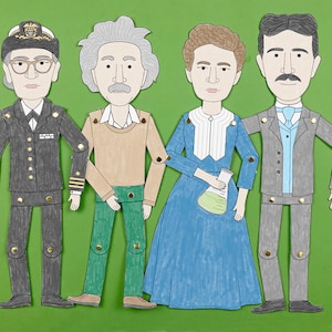 May include: Paper dolls of four famous scientists: a woman in a navy blue uniform with a gold badge, a man with white hair and a brown sweater, a woman in a blue dress holding a beaker, and a man in a gray suit with a blue shirt and a bow tie.