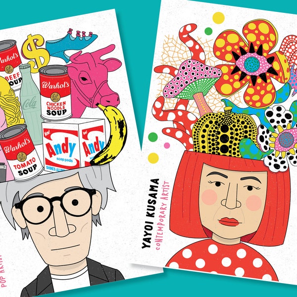 Carteles imprimibles de imaginación de artistas famosos (10 artistas Warhol, Yayoi, Picasso, Van Gogh, Matisse, Frida, Klimt y más) Aula de arte