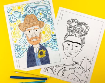 Famous artist colouring pages (printable coloring pages for kids featuring Van Gogh, Matisse, Picasso, Frida, Warhol)