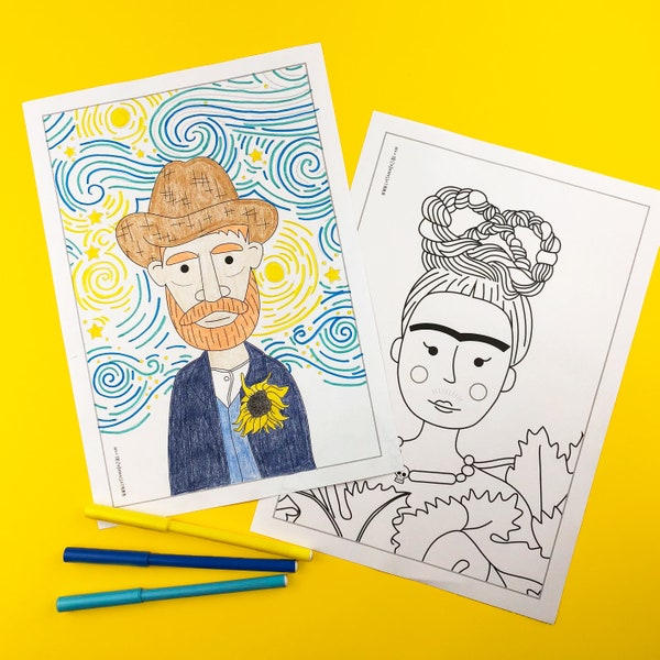 Famous artist colouring pages (printable coloring pages for kids featuring Van Gogh, Matisse, Picasso, Frida, Warhol)