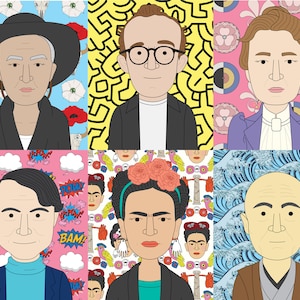 3 carteles con patrones de artistas famosos (10 artistas: Haring, O'Keeffe, Picasso, Frida Kahlo y más). Carteles para el aula de arte.