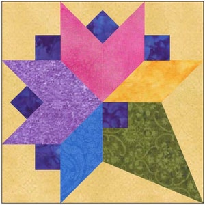 May include: A colorful quilt block with a star design. The star is made up of six points, each of which is a different color: purple, pink, yellow, blue, green, and a darker blue. The background of the block is a light yellow.