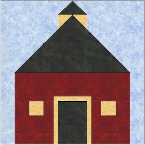 May include: A red and black schoolhouse with a black roof and two yellow windows. The schoolhouse has a black door with a yellow frame.