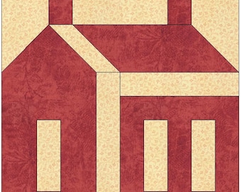 May include: A quilt block with a house design. The house is made of red fabric with a white trim. The roof is made of yellow fabric with a white trim. The background is a light yellow fabric with a white floral pattern.