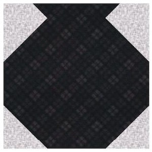 May include: A square quilt block with a dark gray and black plaid pattern in the center, surrounded by light gray fabric in the corners. The design is geometric and symmetrical, suitable for quilting projects.