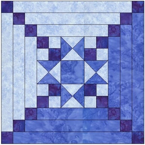 May include: A blue and white quilt block with a star design. The star is made up of white triangles and blue squares. The block is surrounded by a border of blue and white squares.