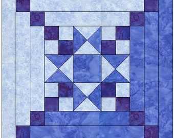 May include: A blue and white quilt block featuring a star design. The star is composed of white triangles and blue squares. The block is bordered by blue and white squares.