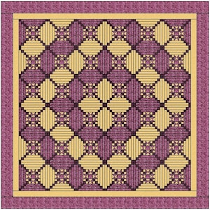 May include: A quilt pattern with a repeating design of squares within squares. The squares are in shades of purple and yellow.