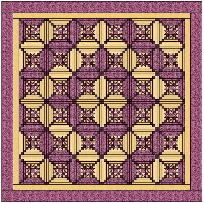 May include: A quilt pattern with a repeating design of squares within squares. The squares are in shades of purple and yellow.