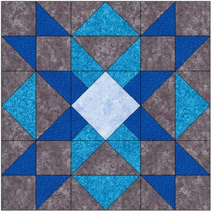 May include: A quilt block with a blue and gray color scheme. The center of the block is a light blue square surrounded by four blue triangles. The outer edges of the block are gray squares with blue triangles.