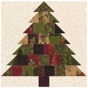 May include: A Christmas tree quilt block with a cream background and a repeating floral pattern. The tree is composed of various fabric squares in shades of green, red, and brown, with pine cone and berry patterns. The tree trunk is a dark brown square.