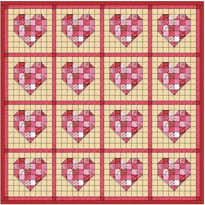 May include: A quilt with a patchwork design featuring 16 hearts made of smaller squares. The hearts are arranged in a 4x4 grid pattern. The quilt is made with a variety of pink and red fabrics.