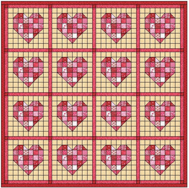 May include: A quilt with a patchwork design featuring 16 hearts made of smaller squares. The hearts are arranged in a 4x4 grid pattern. The quilt is made with a variety of pink and red fabrics.