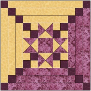 May include: A quilt block with a star design in the center. The star is made of yellow fabric and is surrounded by purple fabric. The block is bordered by a yellow fabric.
