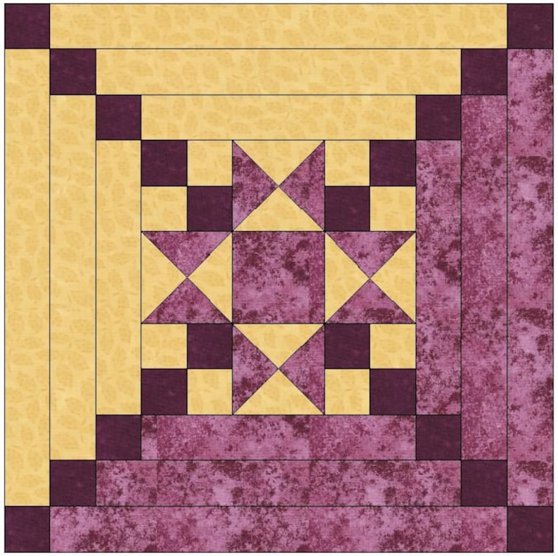 May include: A quilt block with a star design in the center. The star is made of yellow fabric and is surrounded by purple fabric. The block is bordered by a yellow fabric.